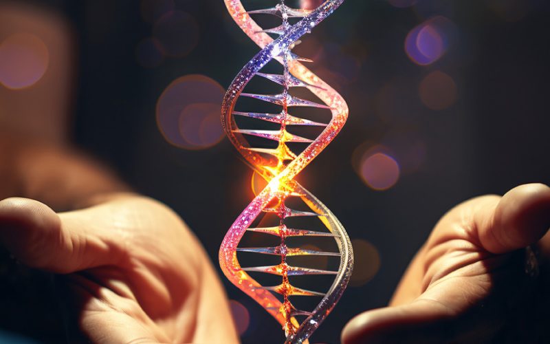 image of a human hand holding a small, luminous DNA double helix